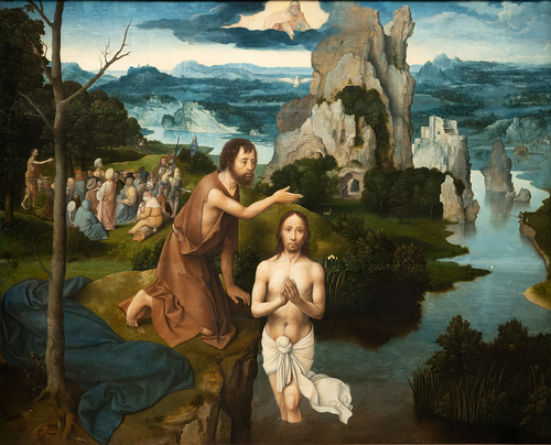 Johannes tauft Jesus im Jordan.  Gemälde von Joachim Patinier (1485-1524).